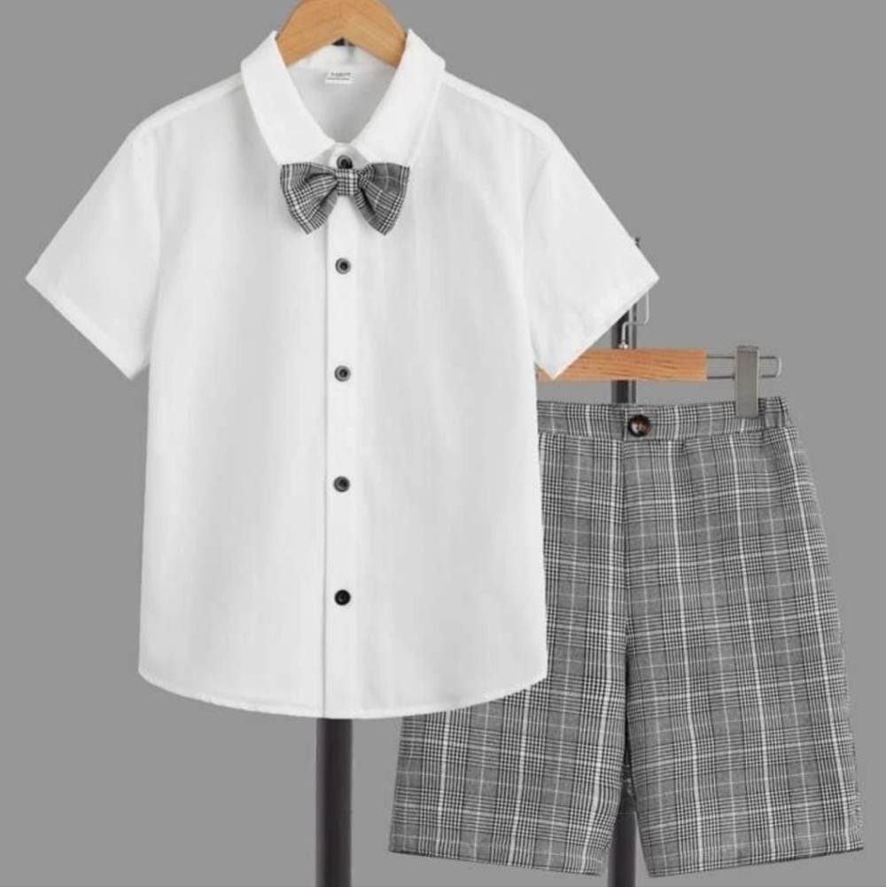 SHEIN Kids FANZEY Boys Bow Front Shirt & Plaid Print Shorts Size 10Y